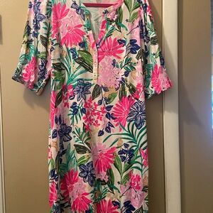 Lilly Pulitzer Shift Dress Floral Pink, Green, Navy & Khaki with Safari Animals!